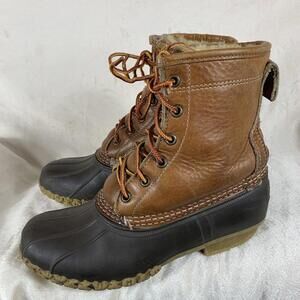 LL Bean Womens Sz 6 Duck Boots Tan Brown Leather Rubber Classic Waterproof READ